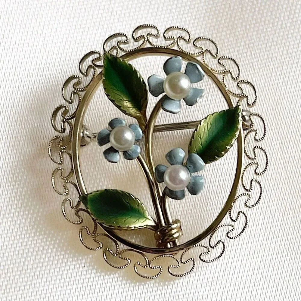 Vintage Krementz Gold Filled Forget Me Not Flower Filigree Brooch Pin Pearl Oval